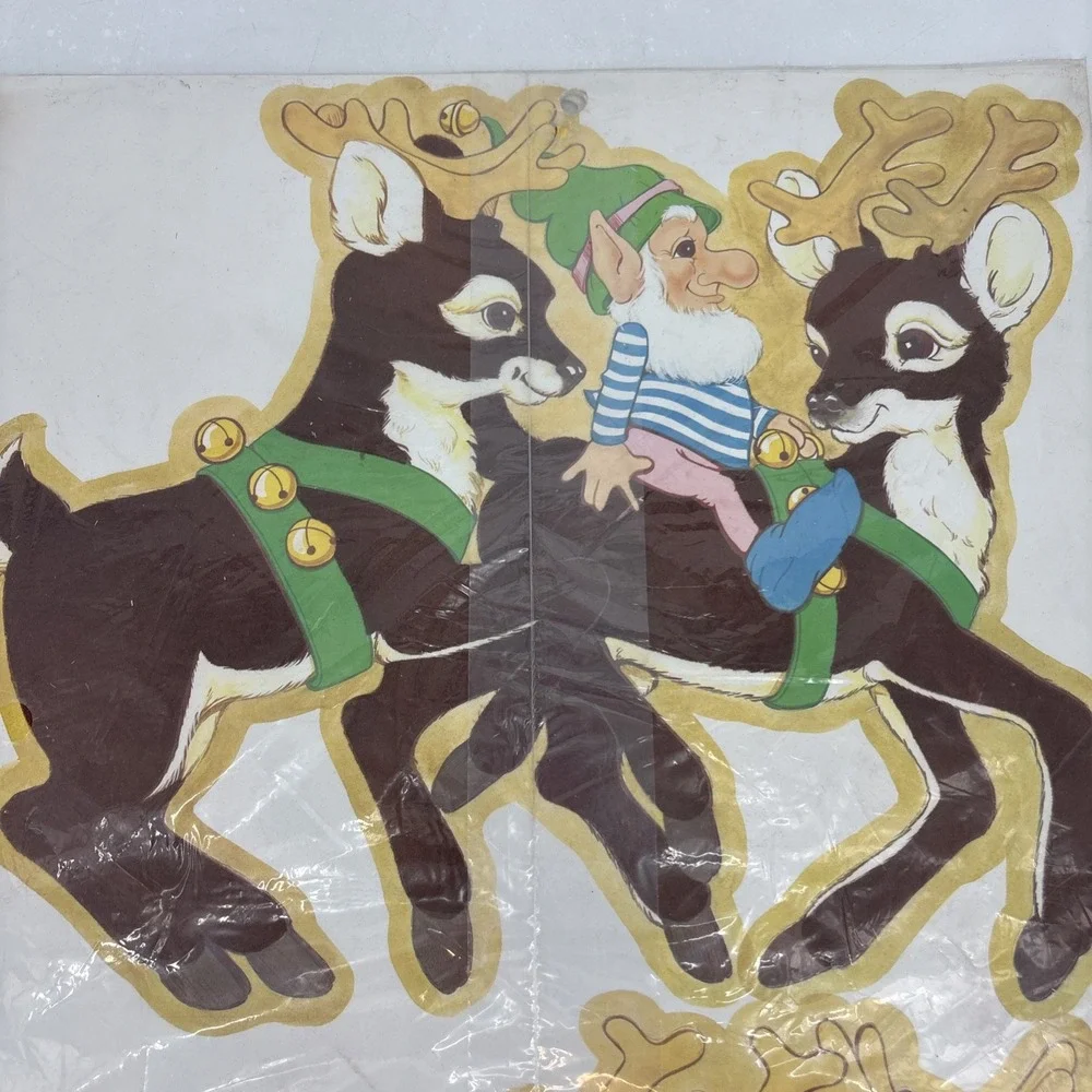 Vintage 1980s PECK Santa's Sleigh & Reindeer 6 Foot Velvety Flocked Die Cut NEW‎